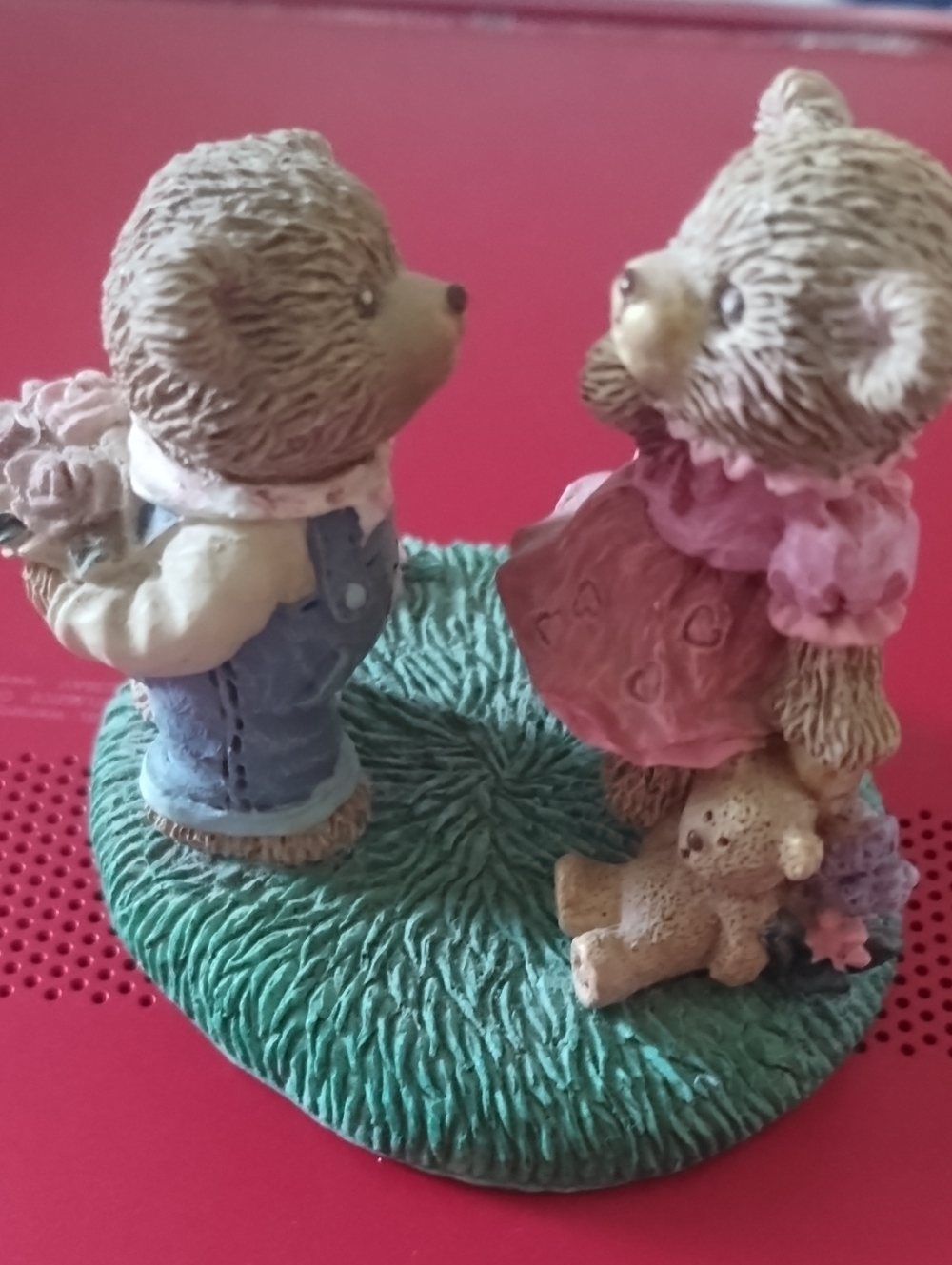 Russ Berrie Brown Bear Couple Figurine with Pink Dress and Blue Overalls